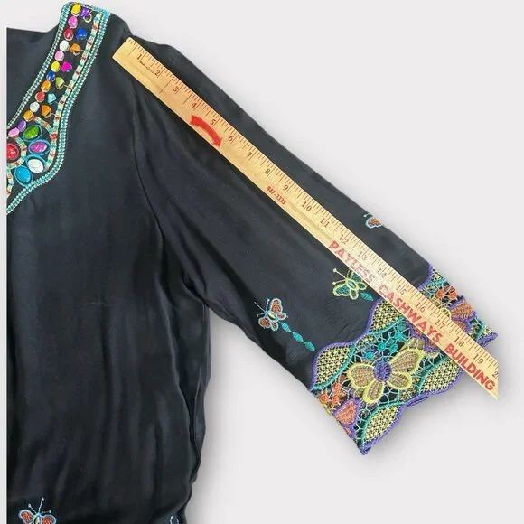 Womens Size‎ 1X Black Floral Embroidered Beaded Dopamine Dressing Hippie Retro - Picture 6 of 10